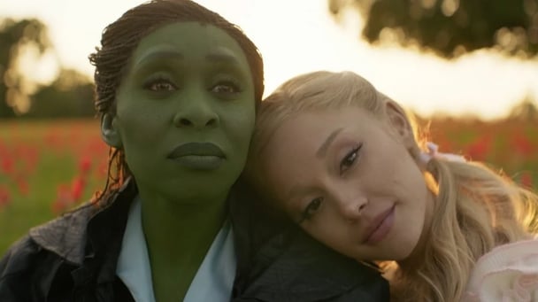 Ariana Grande and Cynthia Erivo as Glinda and Elphaba in a scene from Wicked. 