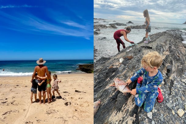 Split image. On the left, Amy's husband and kids hug on the beach. On the right, her kids scale fish.