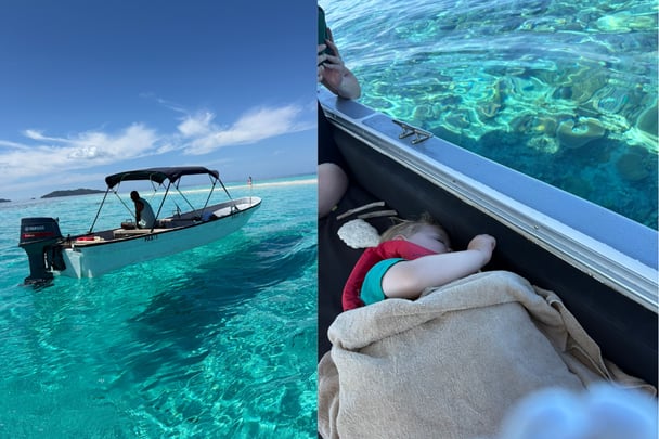 Split image. On the left, a speedboat. On the right, Zoe's son asleep in the boat.
