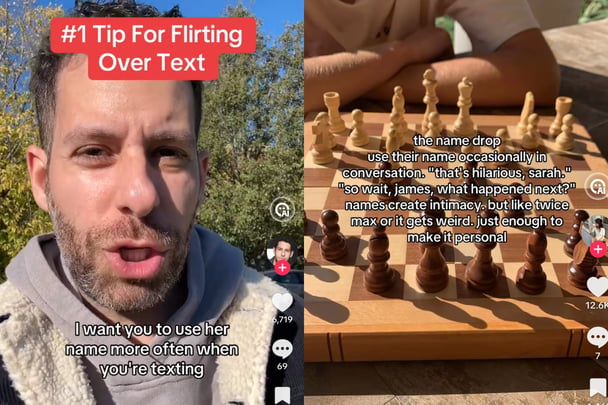 Split image of TikTok screenshots that read '#1 Tip for flirting over text' and 'the name drop, use their name occasionally in conversation.'