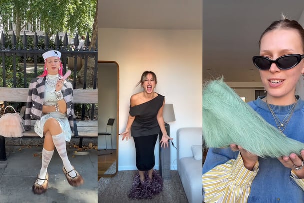 Split image of three women wearing pairs of hairy shoes.