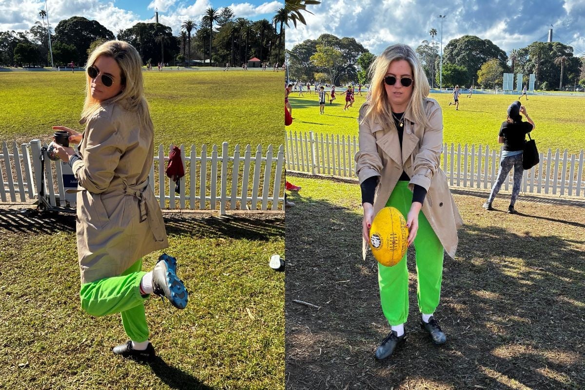 woman wearing football boots on a field 