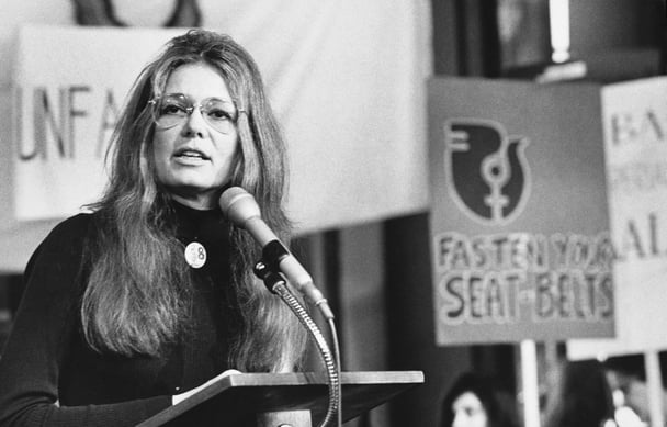 American feminist and activist Gloria Steinem speaks at a rally outside the United Nations, New York, New York, 1978.