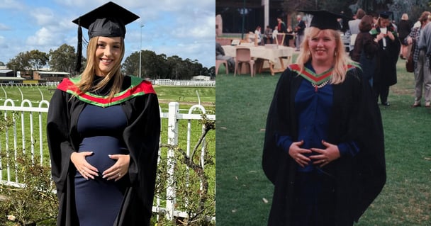 A split image of Emily (left) in graduation gown and cap, cluthing her pregnant belly, with a photo of her mum (right) pictured wearing and doing the same years prior.