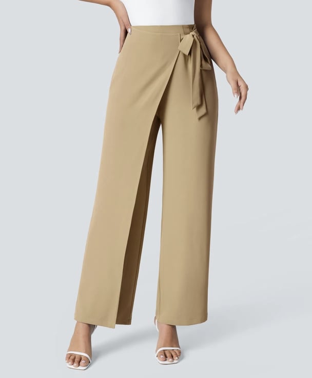 woman wearing beige front tie work pants