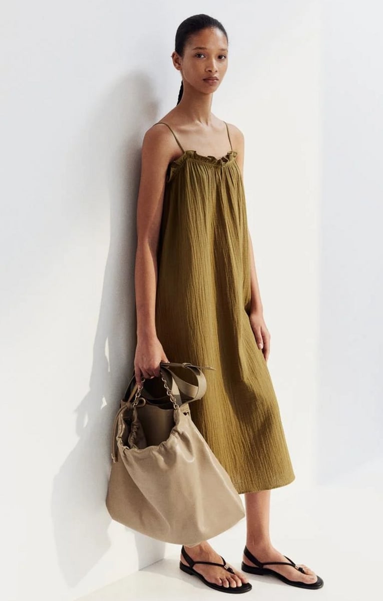 woman wearing khaki green dress