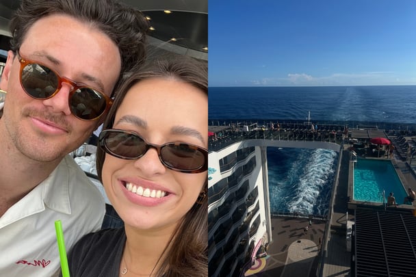 Young woman with brown hair and partner, wearing sunglasses (left), MSC World America port view with swimming pool (right).