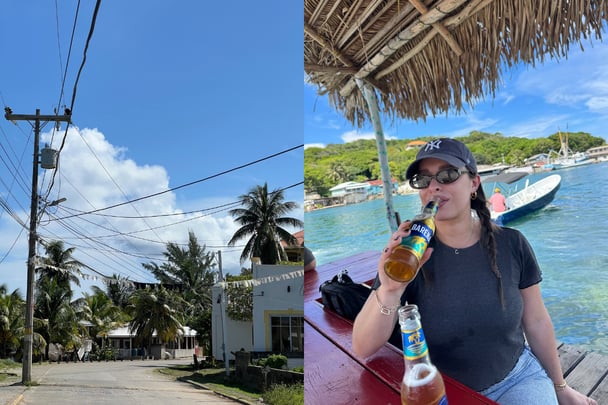 The streets of Roatan, Honduras (left), a young woman drinking Barena beer on a barge (right).