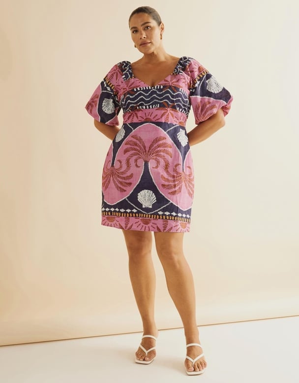 Atmos & Here Curvy linen mini dress in navy and pink. 