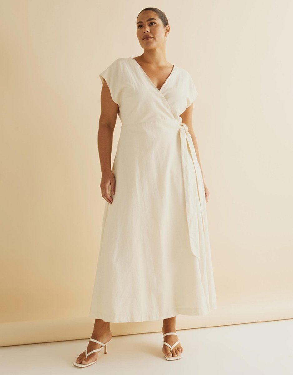 Atmos & Here white linen blend wrap dress. 