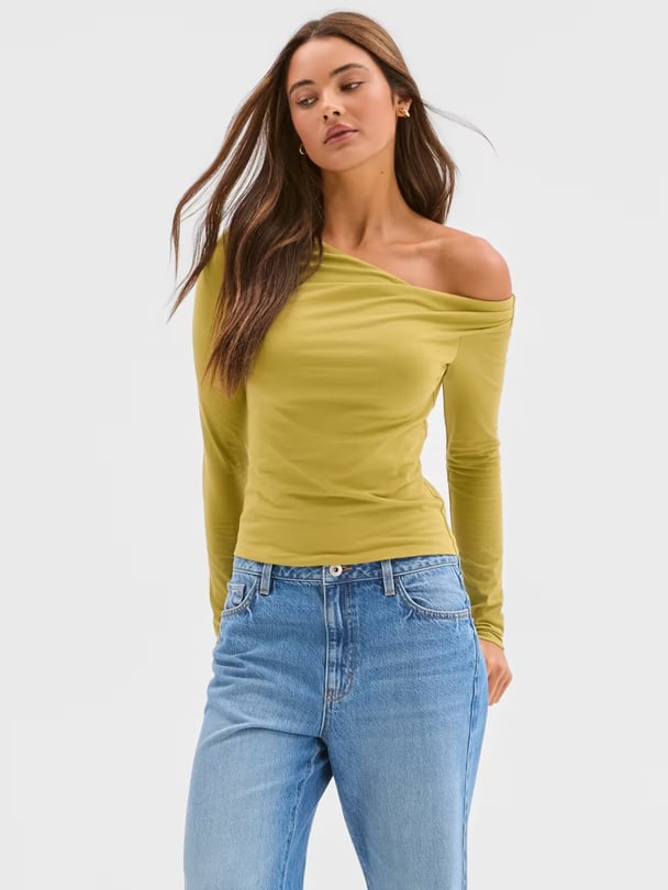 Light green off-shoulder long sleeve.