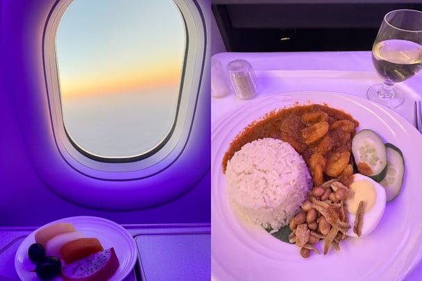 Split image of plane window with fruit platter and a plate of Malaysian food.