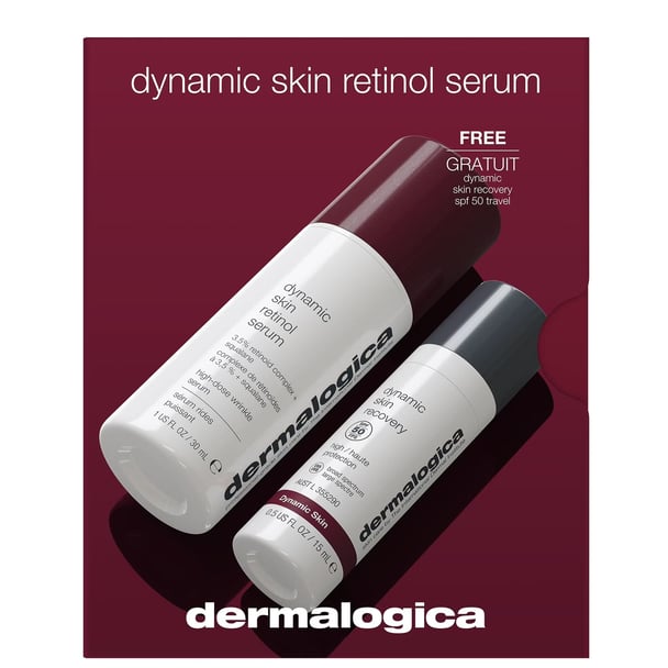 Dermalogica Dynamic Defense Duo kit featuring the Dynamic Skin Retinol Serum and Dynamic Skin Recovery SPF50 moisturizer.