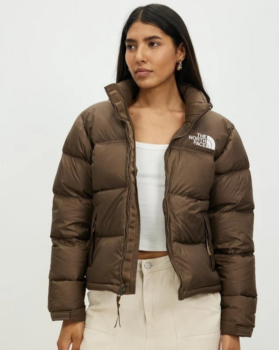 womanw earing brown north face puffer jacket