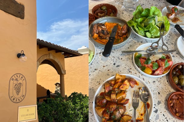 Split image. On the left, cellar door entrance. On the right, table of food.