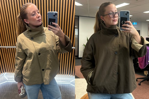 Split image of Lucy wearing the jacket both ways: brown and gingham.