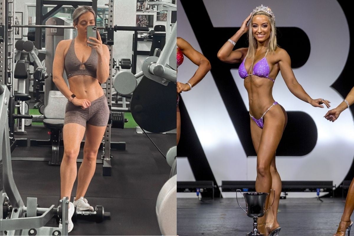A woman works out at the gym and poses on stage at a bodybuilding competition