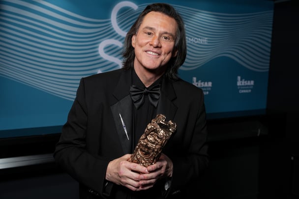 Jim Carrey poses with the Honorary Cesar Award during the 51st Cesar Film Awards at L'Olympia on February 26, 2026 in Paris, France.