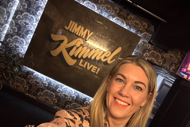 Selfie of Sasha in front of Jimmy Kimmel Live sign.