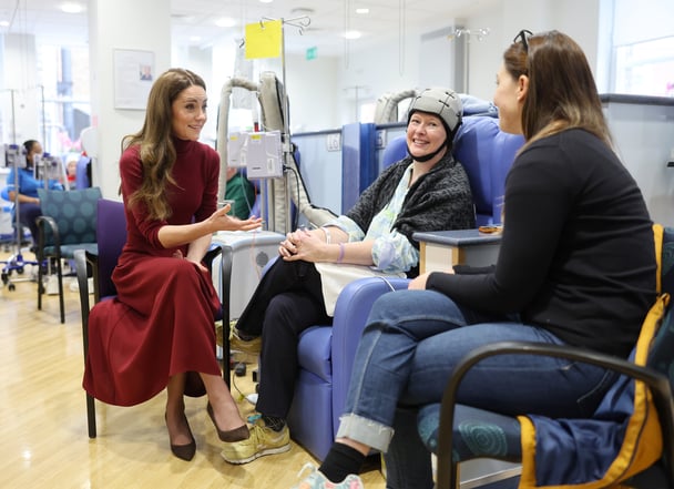 Catherine, Princess of Wales talks with Katherine Field during a visit to The Royal Marsden Hospital on January 14, 2025 in London, England. The Prince and Princess of Wales have today become Joint Patrons of The Royal Marsden NHS Foundation Trust following a visit by Her Royal Highness to the hospital’s Chelsea site. The Princess’ own personal cancer journey saw her receive treatment from The Royal Marsden.