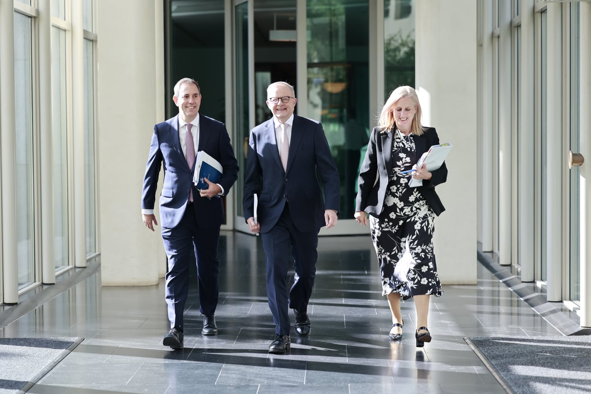 Australian Treasurer Jim Chalmers, Prime Minister Anthony Albanese and Finance Minister Katy Gallagher walk the budget at Parliament House.