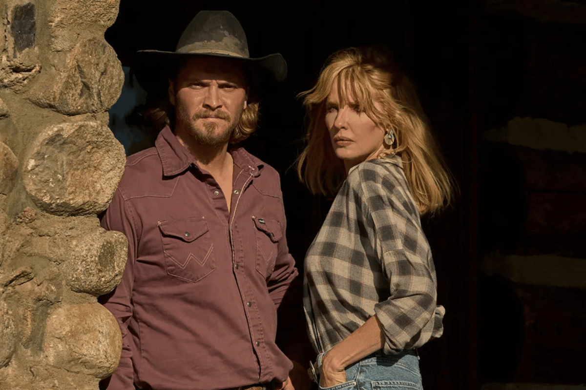 Kayce Dutton and Beth Dutton on Yellowstone Dutton Ranch in the TV show Yellowstone.