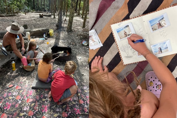 Split image. On the left, Amy's family gather around campfire. On the right, her kids scrapbook.