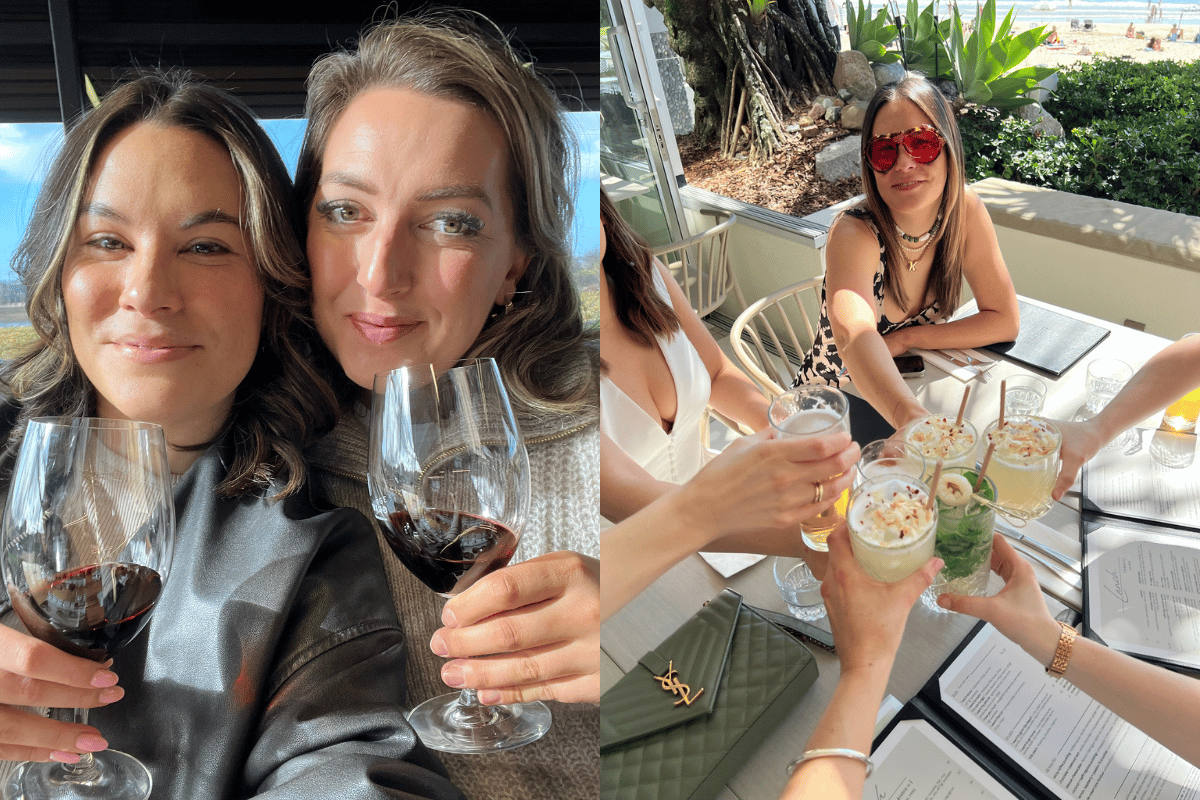 A splitscreen of two women smiling with red wine and five drinks cheersing.