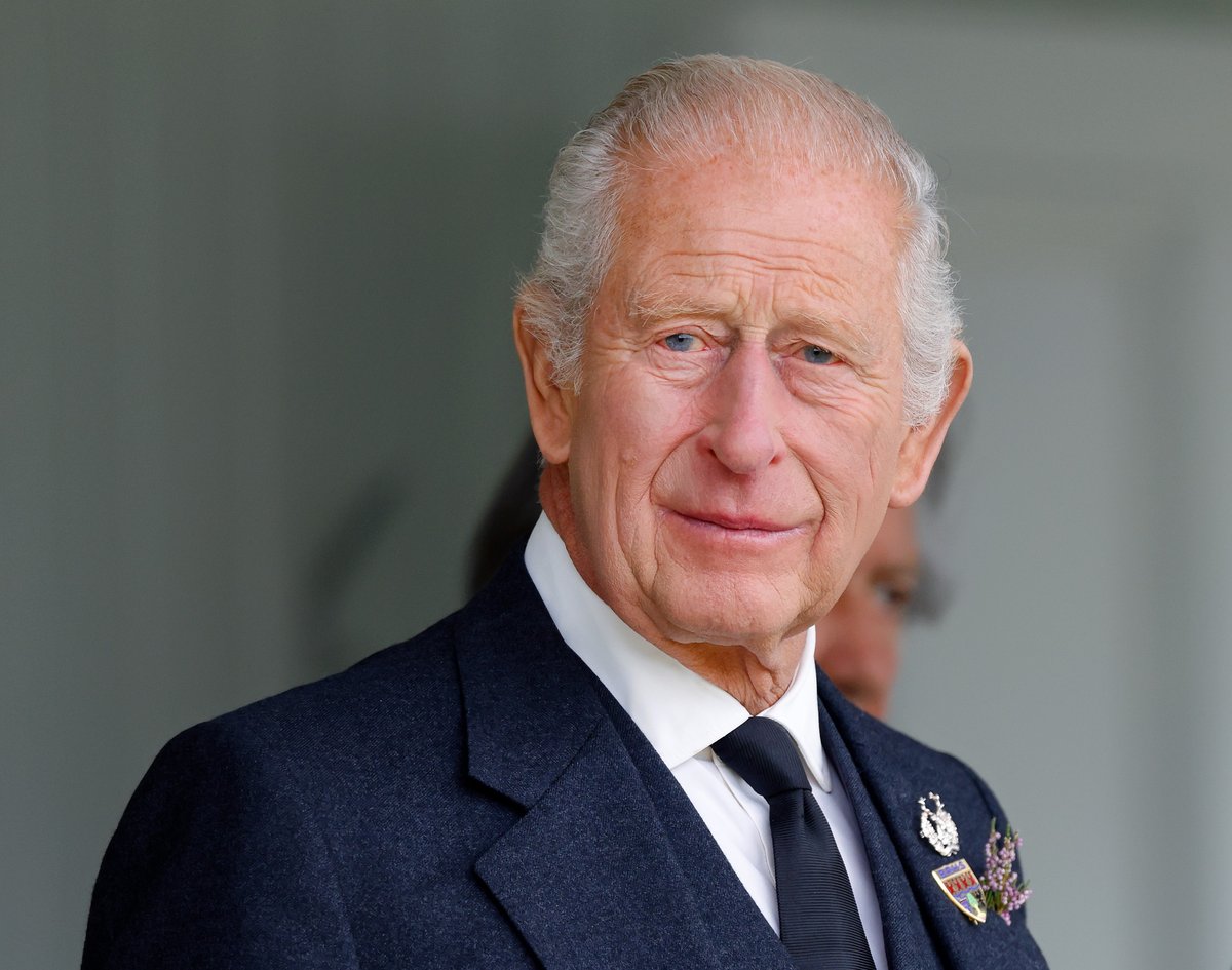 King Charles III (wearing a black tie following the death of Katharine, Duchess of Kent) attends the Braemar Royal Highland Gathering at The Princess Royal and Duke of Fife Memorial Park on September 6, 2025 in Braemar, Scotland.