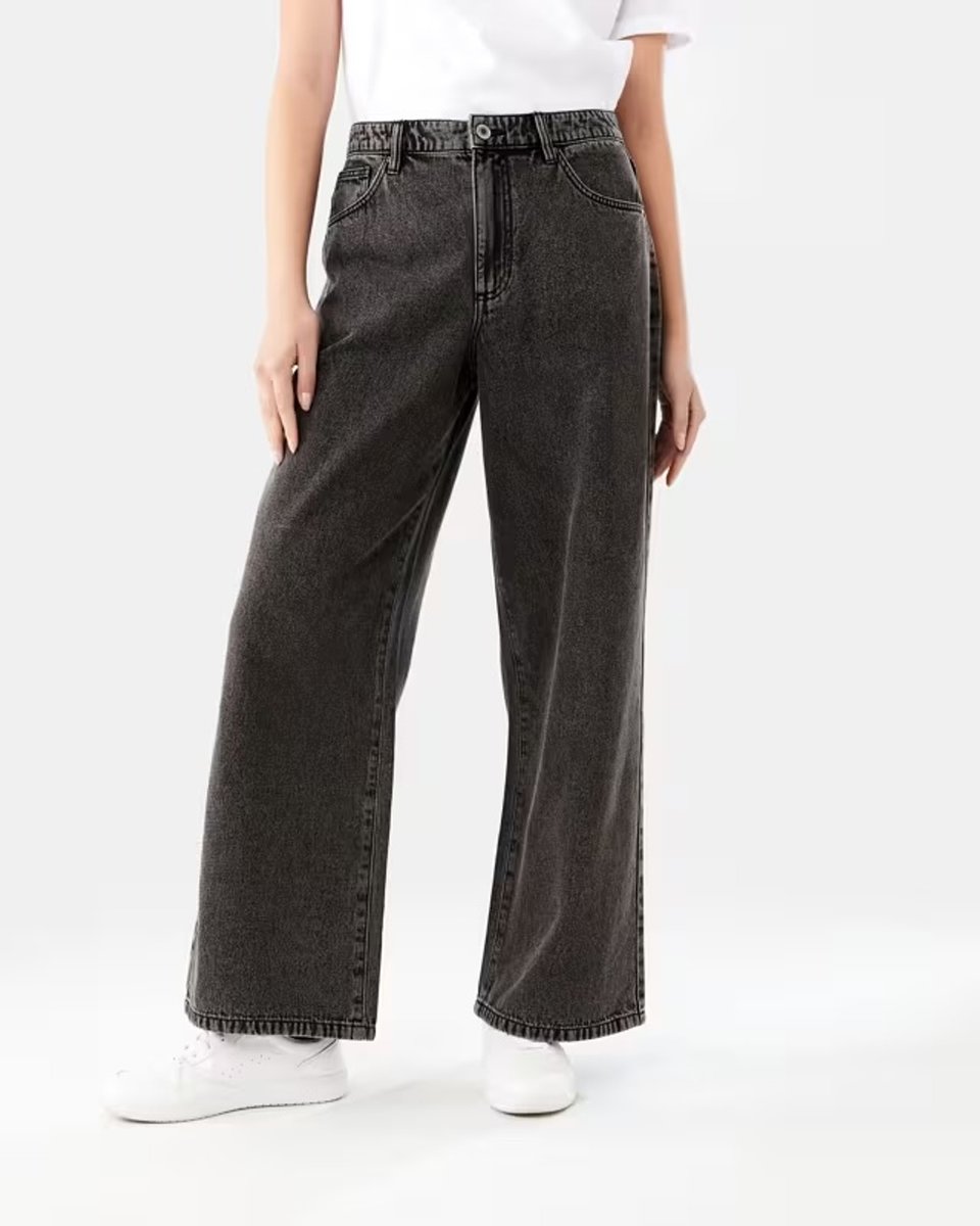 Kmart $25 black wide leg high waisted jeans.