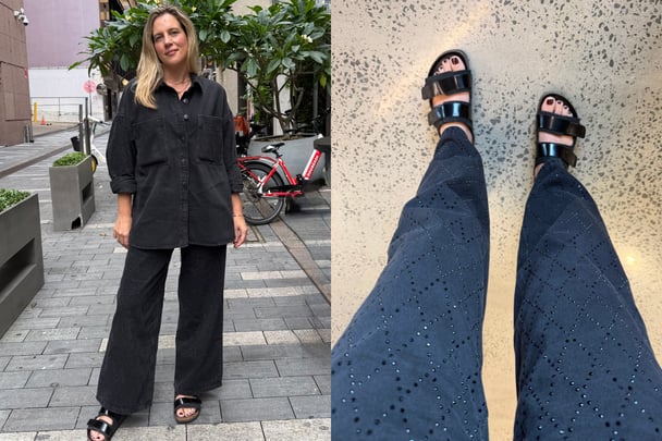 woman wearing jeans from Kmart diamante wide leg.