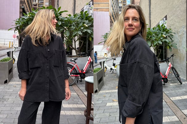 woman wearing Kmart diamante black denim set in a laneway