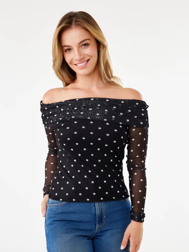 Black mesh off-shoulder long-sleeve with white polka dots.