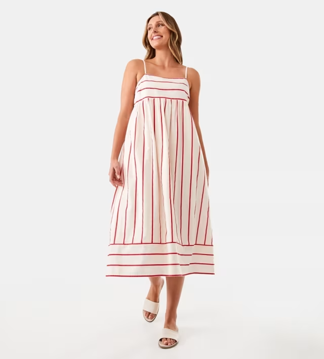 woman wearing stripey dress from Kmart 