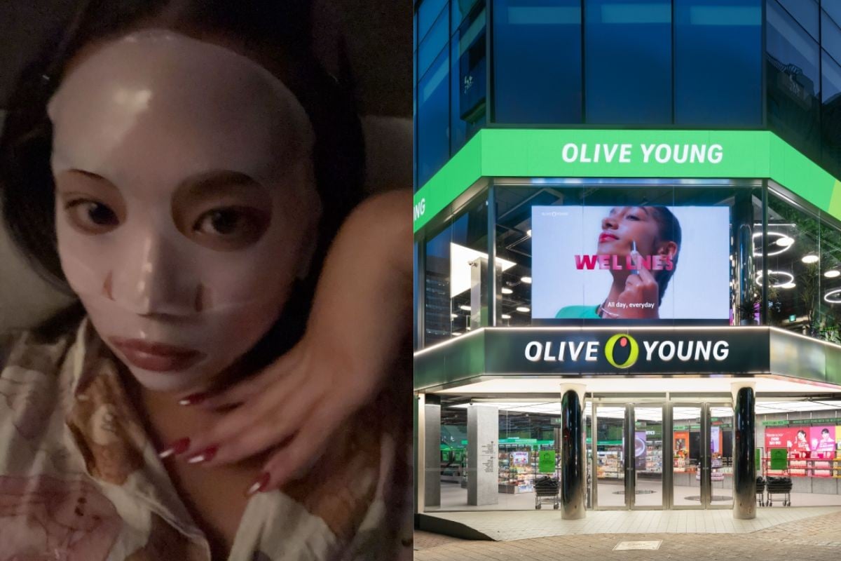 Girl with facemask on. Olive Young store exterior.