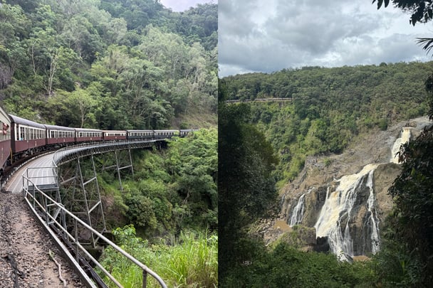 Split image: Railway train and waterfall.