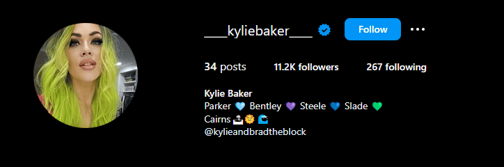 Kylie Baker's Instagram bio.