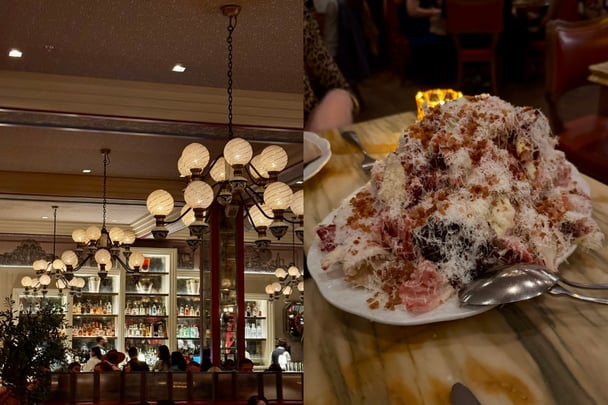Split image of the restaurant lighting and a large bowl of salad.