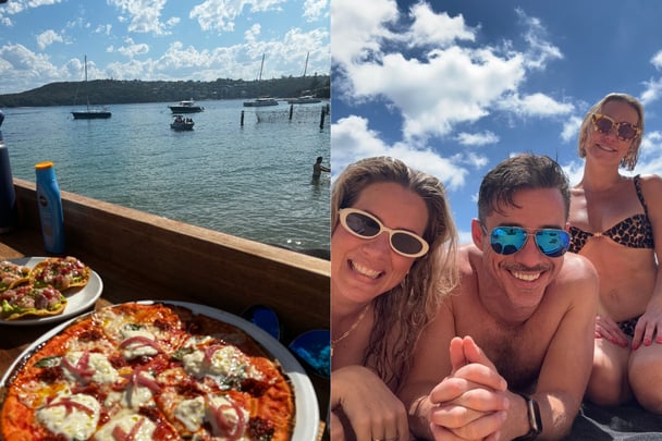 pizza and the beach and 3 people at the beach