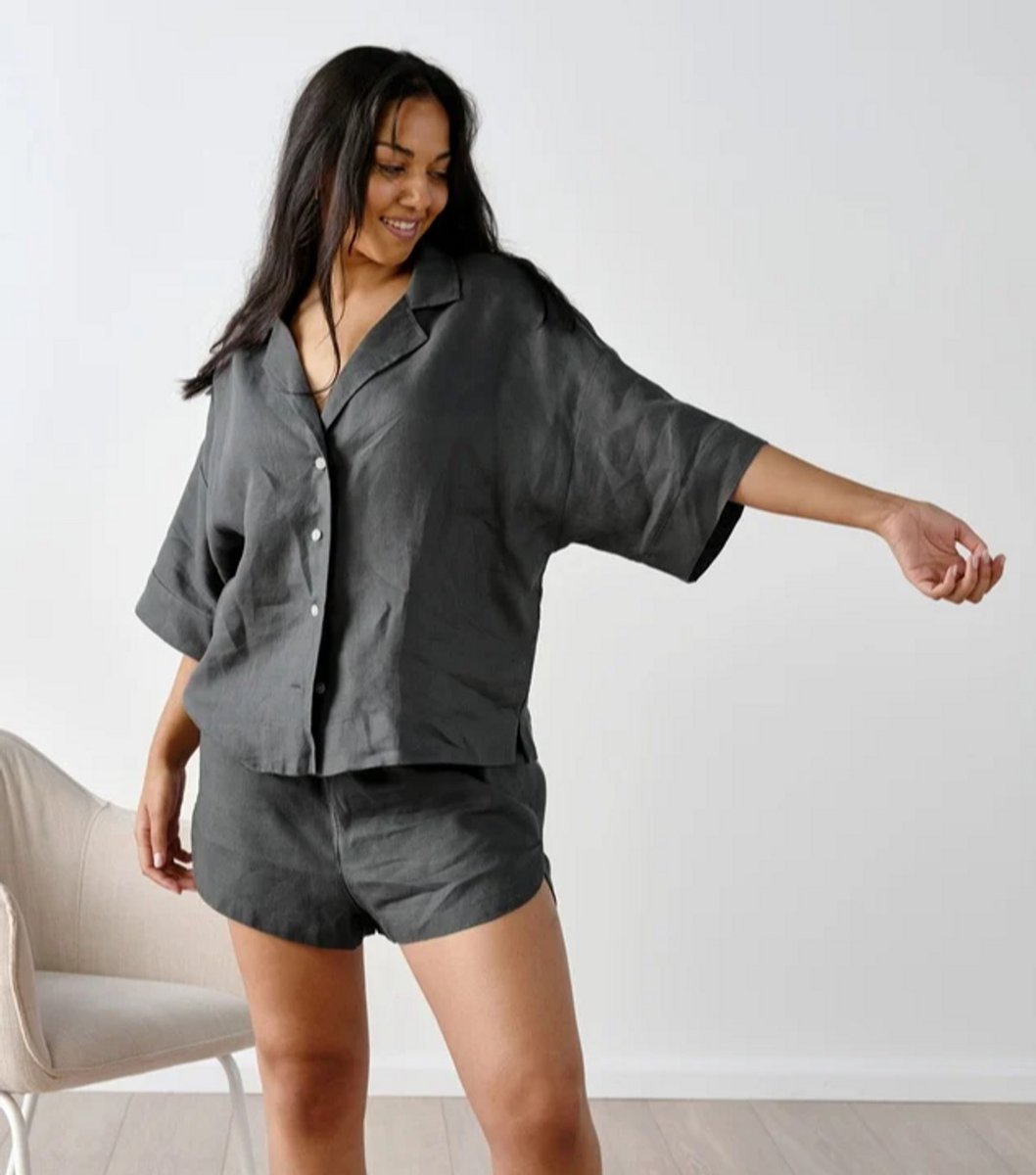 woman wearing grey linen pj set 