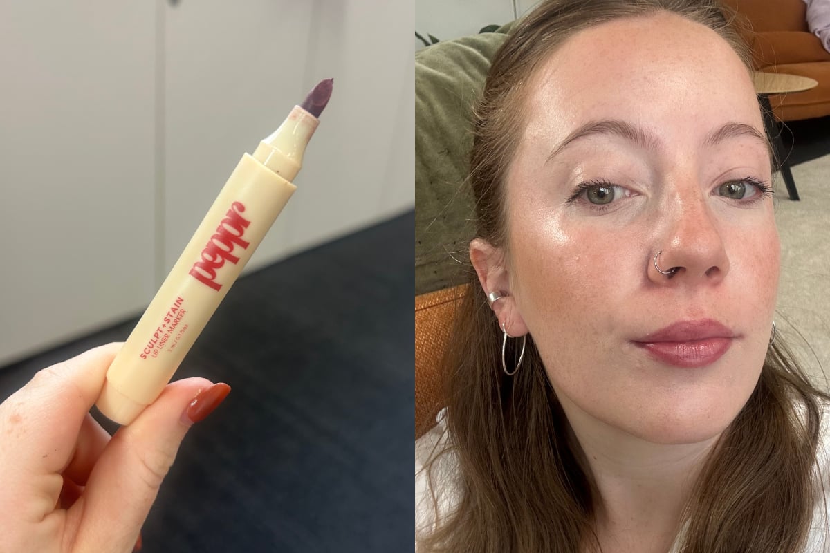 Split image of Peppr lip stain and Lucy wearing the lip stain.