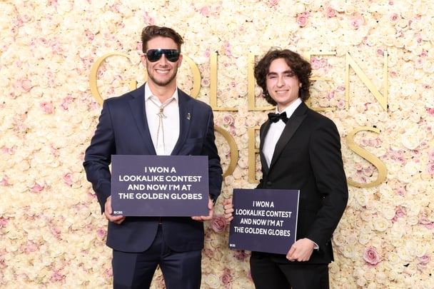 Glen Powell and Timothee Chalamet lookalike competition winners Max Braunstein and Miles Mitchell