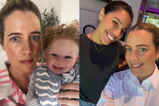 side by side of women on set with a doll and makeup artist 