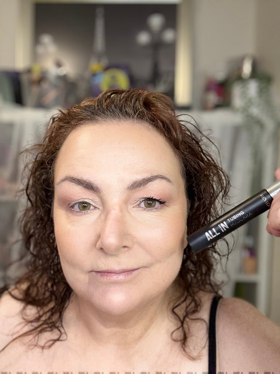 Revlon Tubing Mascara in black and brown, lifted lashes shown on hooded, over-50 eyes.