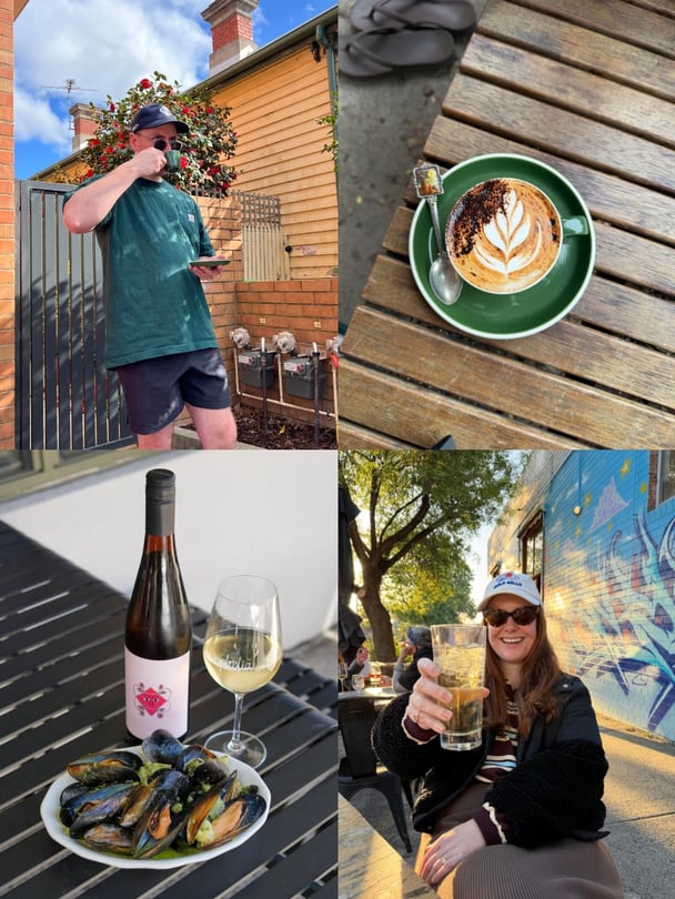 A compilation of images showing coffee, wine and cafe spots from a Northside day in Melbourne, Victoria.