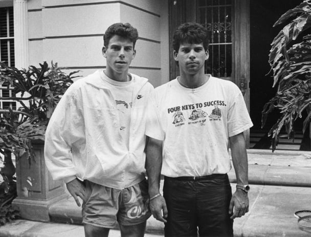 The Menendez brothers outside their Beverly Hills home.