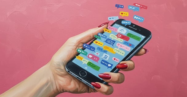 A textured image of a female hand holding a smartphone with several message notifications coming off the screen in front of a pink background..