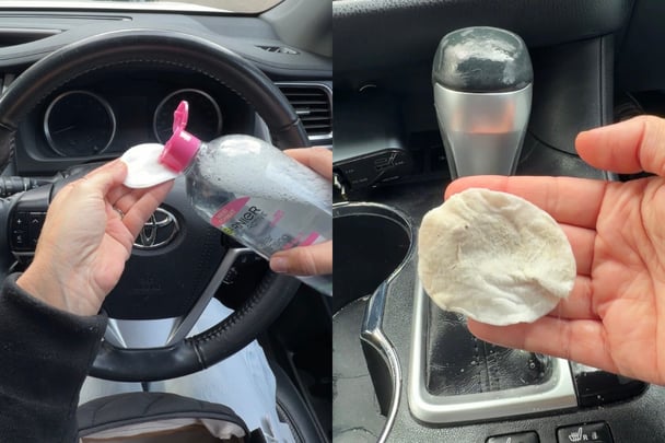 photos of woman using micellar water to clean car interiours