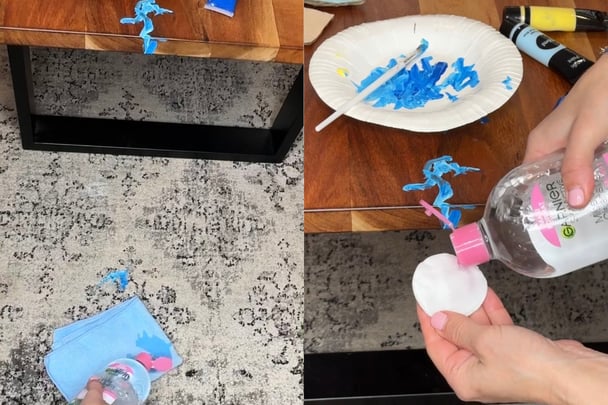 woman cleaning acrylic paint stains using micellar water