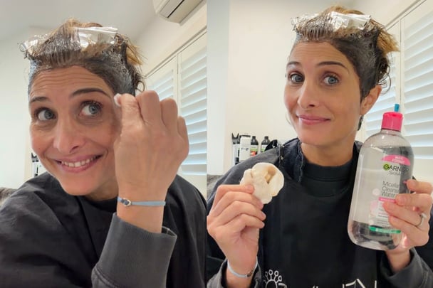woman using micellar water to clean hair dye from skin